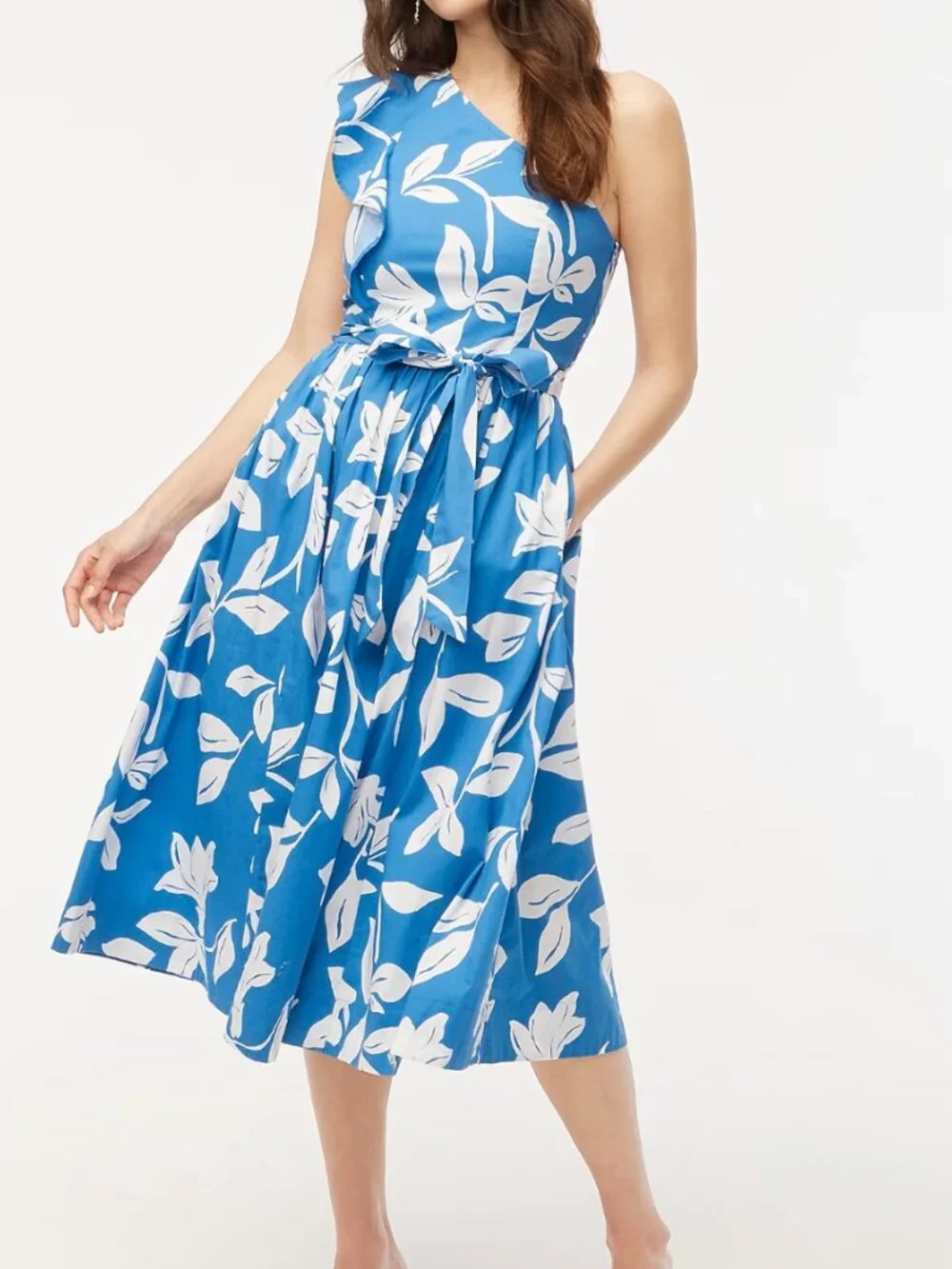 J. Crew One Shoulder Ruffle Floral Green Belted Dress - Size 2